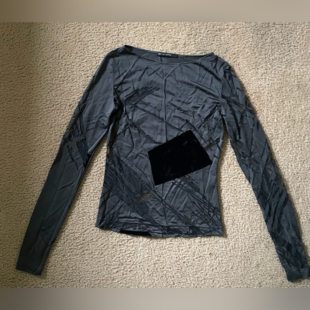 Martine Sitbon Gray Long Sleeve Sheer Top with Black Velvet Accents Sz M
